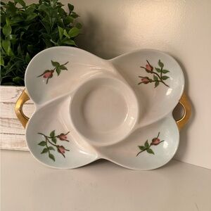 Hand-Painted Floral Divided Relish Dish w/ Center Dip Signed K. Merritt Vintage